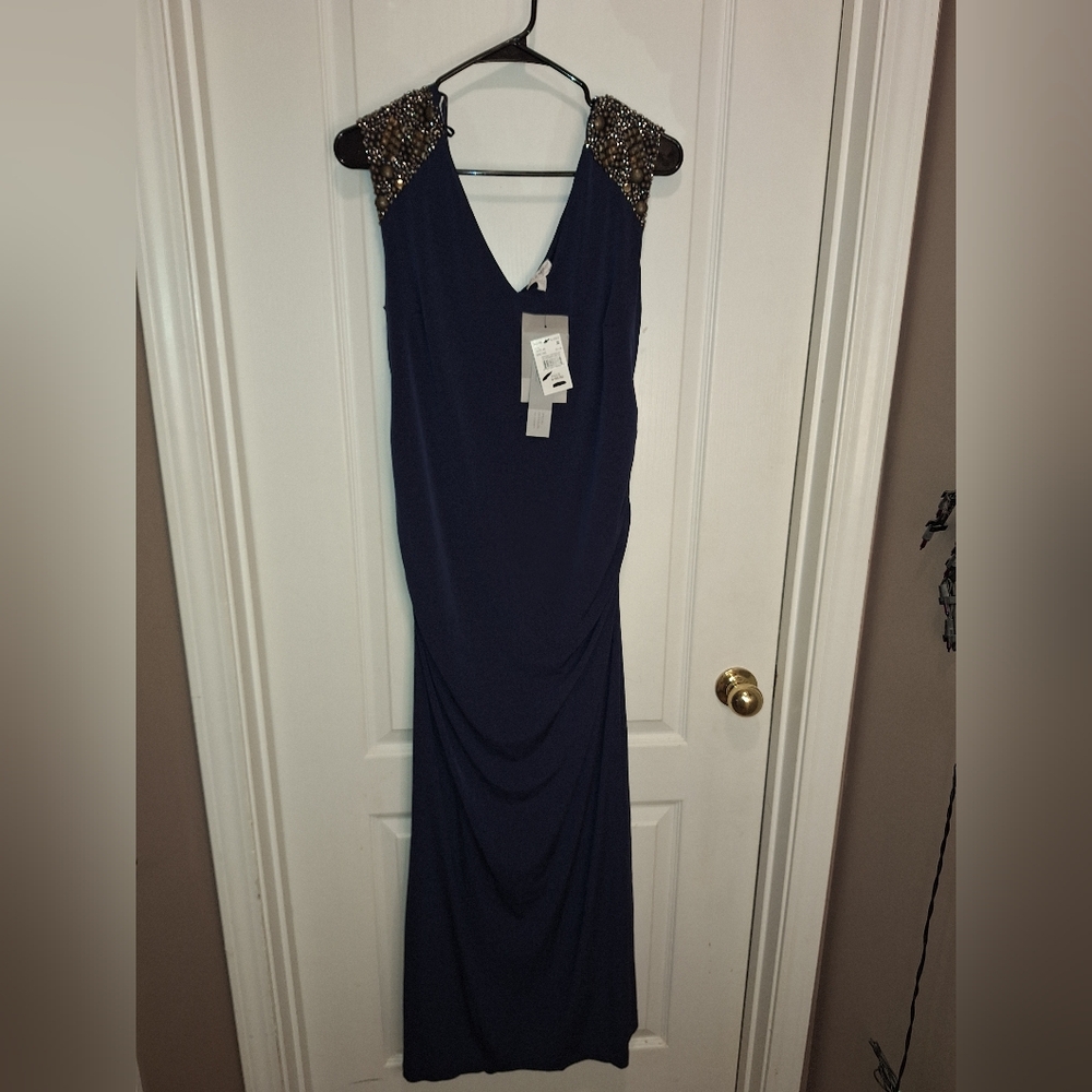 NWT / A PEA IN THE POO Navy Blue Maternity Gown with Bronze Embelished Shoulders